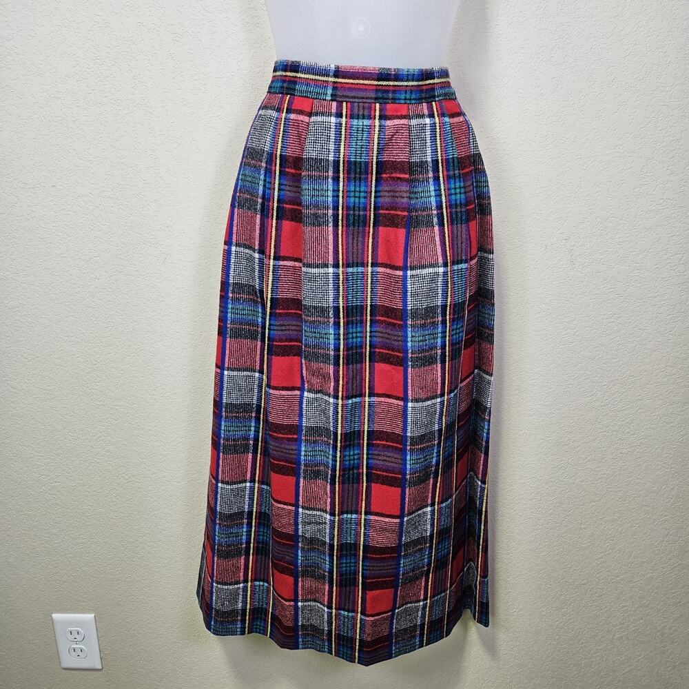 VTG Pendleton 100% Wool Plaid Midi Skirt 12 Black Stewart Tartan Red 70s 80s USA
